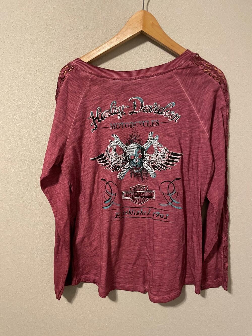 Harley-Davidson Top Womens XL Pink Skull Wings Lace Henley Biker Motorcycle
